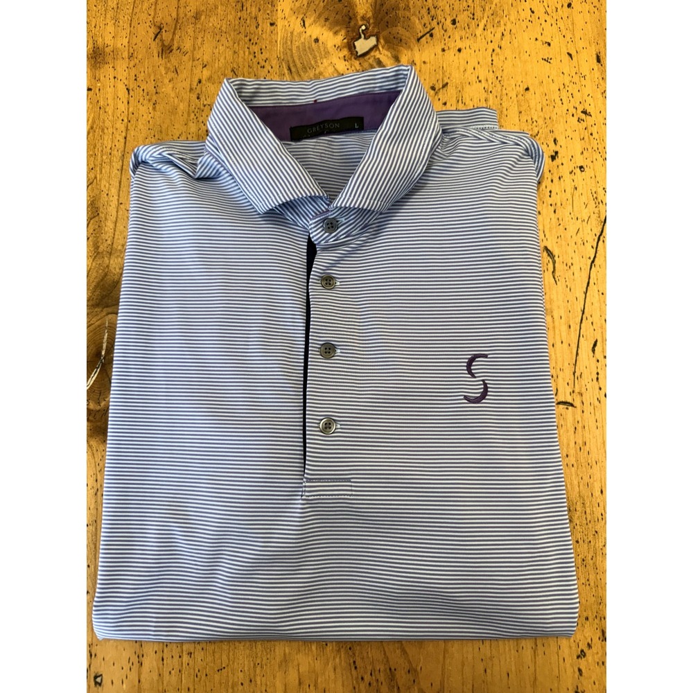 Sebonack Golf Club • Greyson Polo Large Purple White Stripe Performance Shirt